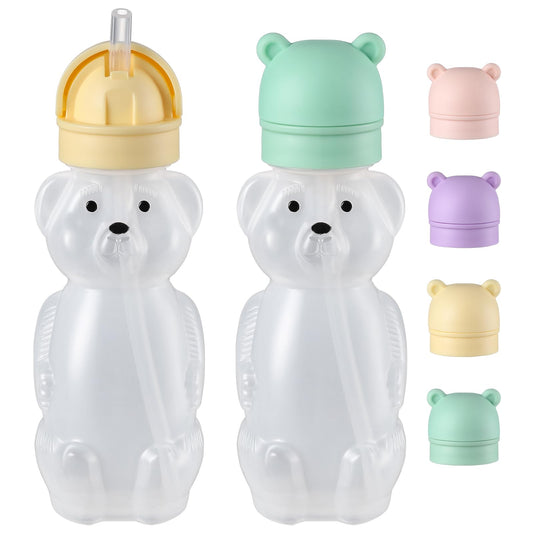 Upgraded 2 Pack Honey Bear Straw Cups for Baby, Toddler - Flip Top, Spill-Proof & Anti-pullout & Pop-up Straw Design - 8 OZ Squeezable Transition Sippy Cup for Speech & Feeding Training, Yellow&Green