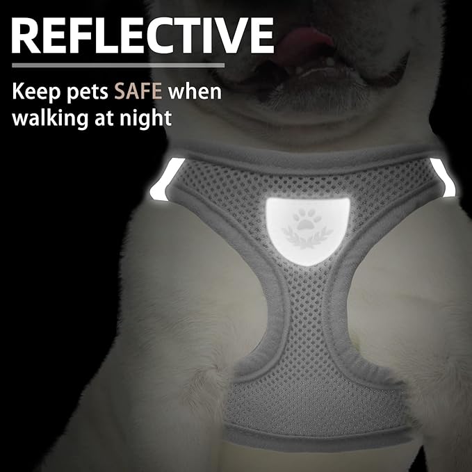 PUPTECK Adjustable Dog Harness Collar and Leash Set Step in No Pull Pet Harness for Small Medium Dogs Puppy and Cats Outdoor Walking Running, Soft Mesh Padded Reflective Vest Harnesses, Solid Grey M