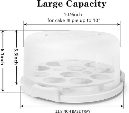 Portable Cake Carrier with Handle, Round Cupcake Holder with Lid, Plastic Storage Container Box fit 10 inch Cake, 3-Locking Muffin and Pies Keeper with Cover (White)