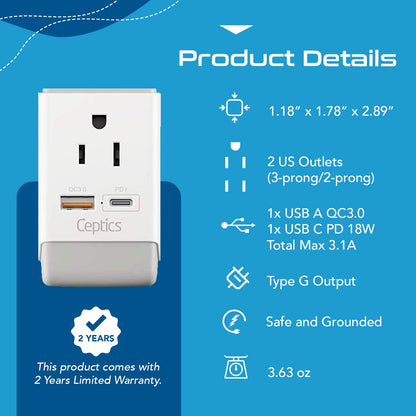 Ceptics Uk Ireland Power Plug Adapter 2 Pack Set, Qc 3.0 & Pd, Safe Dual Usb & Usb-C - 2 Usa Socket Compact & Powerful - Use In