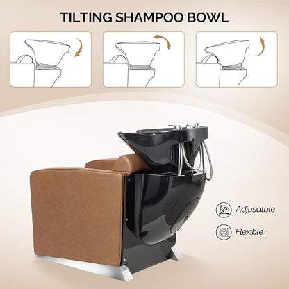 OmySalon Backwash Shampoo Unit for Salon, Hair Washing Station with Ceramic Bowl Adjustable Footrest, Reclining Shampoo Chair for Beauty Spa Barbershop