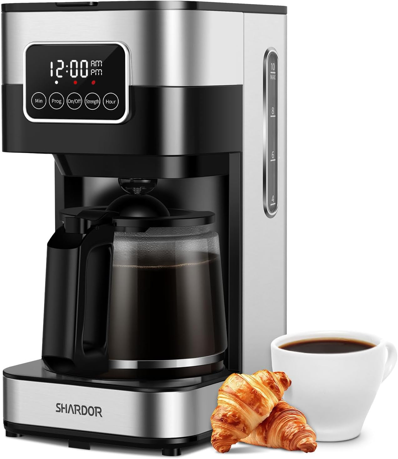 10-Cup Programmable Coffee Maker, Regular & Strong Brew Drip Coffee Machine for Home and Office, Auto Shut Off, Permanent Filter, Silver