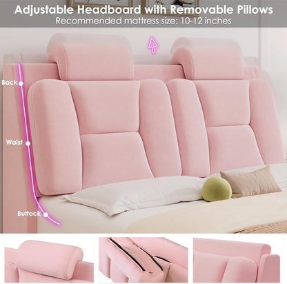 Queen Led Car Bed Frame with Wheels Decor & Adjustable Curved Headboard Modern Upholstered Platform Bed with Detachable Pillows Solid Wooden Slats Support No Box Spring Needed, Velvet Pink