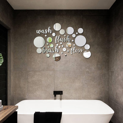 30 Pcs Bathroom Wall Decals Brush Wash Flush Floss Stickers 3D round Mirrors Wall Decal Self Adhesive DIY Acrylic Mirror Decor Beautiful Art Words Decor for Home Bedroom (Silver)