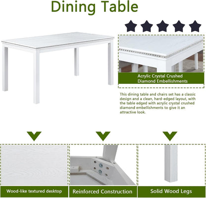6 Piece Solid Wood Dining Set, Farmhouse Kitchen Table Set with 4 Upholstered Chairs & Bench for Kitchen, Dining Room, White