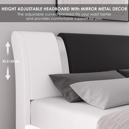 Modern Faux Leather Upholstered Platform Bed Frame with Mirror Metal Decoration Headboard, Curved Headboard, Wooden Slats Support, No Box Spring Needed, Queen Size, Whiteblack