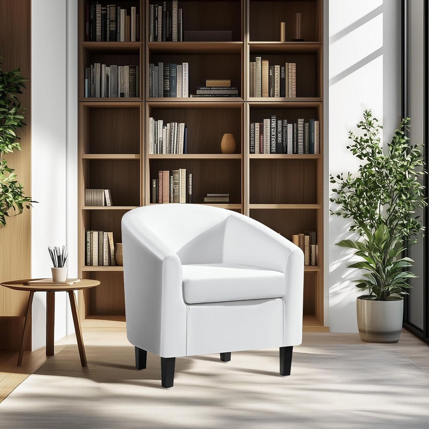 White Leather Chair, Faux Leather Accent Chair, Modern Barrel Chair Comfy Club Chair with Soft Padded and Solid Legs for Living Room Bedroom Reception Room, White