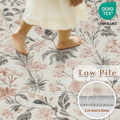 8X10 Area Rugs Washable Rug: Lagre Boho Living Room Rug Soft Non-Slip Thin Carpet Indoor Floor Non-Shedding Neutral Floral Carpets for Bedroom Dining Room Farmhouse Nursery Pink