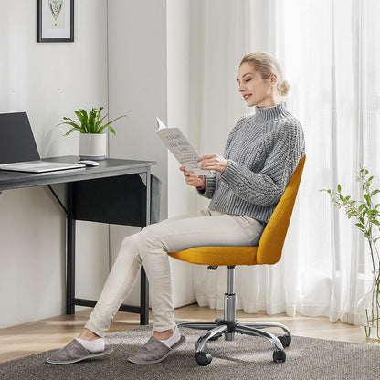 Armless Vanity Chair, Cute Comfy Home Office Desk Chair with Wheels, Modern Upholstered Task Computer Seat for Bedroom, Study, Makeup Vanity, Height Adjustable & Swivel, Yellow
