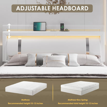 Queen Bed Frame with RGB LED Lights Headboard & 2 Storage Drawers, Modern Upholstered Faux Leather Smart Platform Iron Metal Decor, USB USB-C Charging Ports, No Box Spring Needed, White