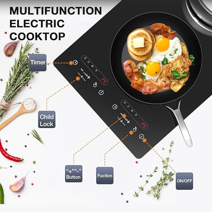 VBGK Electric Cooktop,110V 2100W 2 Burner Electric Cooktop,Countertop and Built-in Stove top with 9 Power Levels,Child Safety Lock, Timer, LED touch control,Overheat Protection