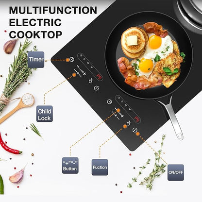VBGK Electric Cooktop,110V 2100W 2 Burner Electric Cooktop,Countertop and Built-in Stove top with 9 Power Levels,Child Safety Lock, Timer, LED touch control,Overheat Protection