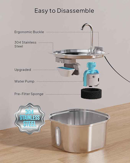 PEKTACO Stainless Steel Cat Water Fountain, 3.2L/108oz Cat Water Dispenser with Quiet Water Pump and Water-Level Window, Dishwasher Safe Pet Drinking Fountain for Cats with 3 Filters + 3 Sponges