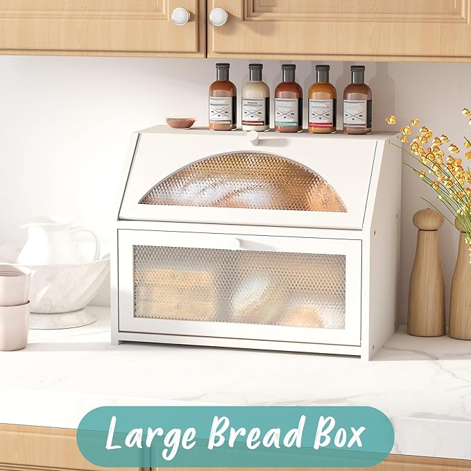 Bread Box, Bamboo Wood Bread Box for Kitchen Counter, Double-layer Bread Storage Bin, Acrylic glass with Diamond Patterns (White, Large)