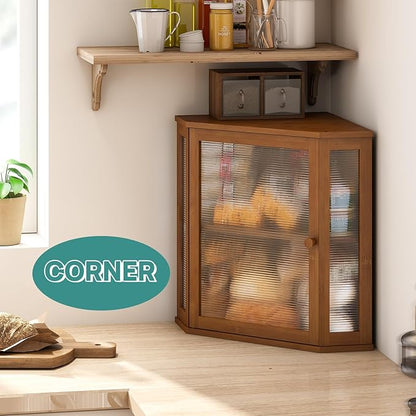 Corner Bread Box for Kitchen Counter, Bamboo Wood Large Capacity Bread Storage Bin with Acrylic Wavy Door Panel (Brown, Extra Large)