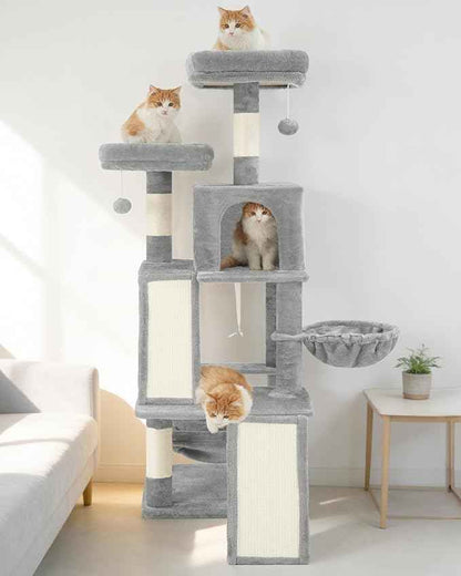 Multi-Level Cat Tree for Indoor Cats, Cat Tower with 2 Scratching Boards, 2 Plush Padding Platforms, Cat Condo House with Hammock, Basket, Light Gray GCT022W