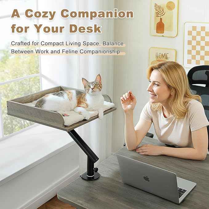 PAWZ Road Cat Desk Bed, Wooden Cat Bed for Desk Supports Up to 50 lbs, 360° Rotation & Adjustable, Nest Desktop Attachment Cats Hammock for Table, Gray