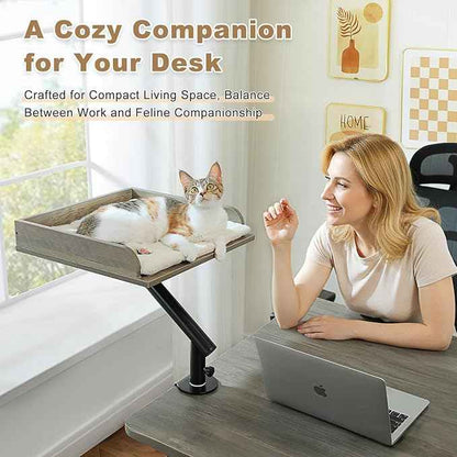 PAWZ Road Cat Desk Bed, Wooden Cat Bed for Desk Supports Up to 50 lbs, 360° Rotation & Adjustable, Nest Desktop Attachment Cats Hammock for Table, Gray