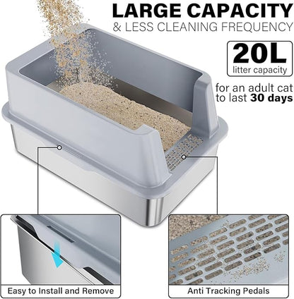 2Pack Stainless Steel Litter Box, XL Extra Large Cat Litter Boxes for Big Cats, Metal Litter Box with Lid High Sides, Leak-Proof, Never Absorbs Odors, Easy Cleaning, Non-Stick, Scoop Included