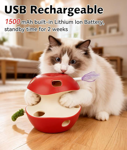 Joytale Interactive Cat Toy for Bored Indoor Cats, Automatic 10-Hole Whack A Mole Apple Toy, 2-in-1 Electric Motion Sensor Toy with Teaser Wand, USB Rechargeable, Boredom Relief, Red