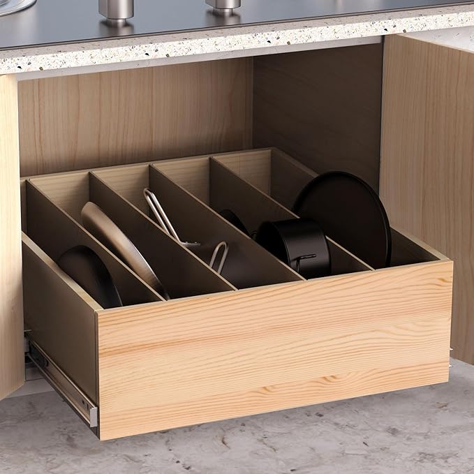 Pull Out Cabinet Organizer with Divider, 19''W×21''D×7''H Soft Close Wood Drawer for Kitchen Pantry, Finished, Heavy-Duty, Bottom Assembly (Wood Drawer Part Width is 18'')