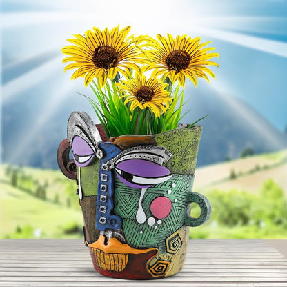 Picasso Brutalist Abstract Face Planter - Head Ornament Flower Pot Container - Colorful Art Resin (Picasso's Tearful Flowerpot)