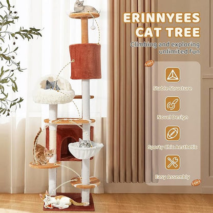Erinnyees Cat Tree with Football Design, 74 Inches Cat Tower, Cozy Cat Cave Bed for Indoor Cats, 2 Cat Spacious Condos with Sisal Scratching Post, 5 Perches, Hammock and 2 Pompoms