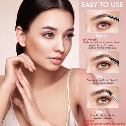 Eyebrow Pen,2-in-1 Waterproof Eyebrow Pencil with 4 Tip Microblading Brow Pen and Ultra-Precise Brow Pencil,with Dual-ended Eyebrow Brush,Eyebrow Makeup for Natural Looking - Medium Brown