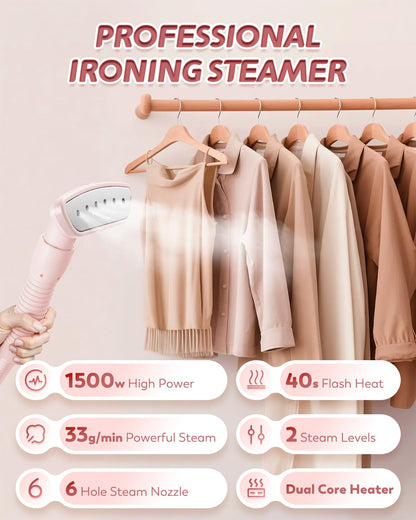 Hapyvergo Standing Garment Steamer with Ironing Pad, 2200W Steamer for Clothes, 3L Tank, 70-Min Continuous Steam, 40s Fast Heating, Adjustable Height, Drain Port Design, Universal Wheels, Pink