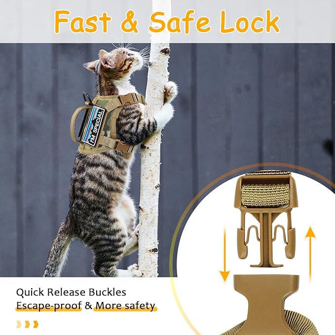 Tactical Cat Harness for Walking, Adjustable Escape Proof Pet Vest for Large Cat,Easy Control Breathable Cat Vest with Handle，Molle Patches (camo Khaki, L)