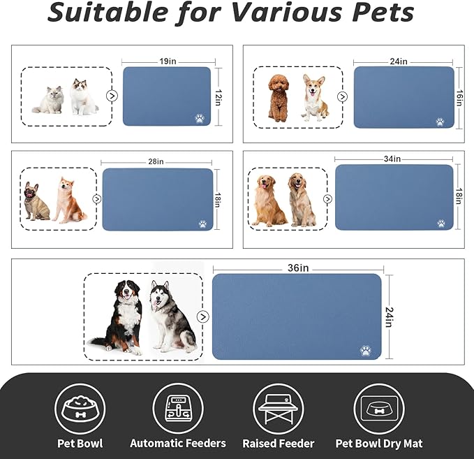 Dog Food Mat - Absorbent Cat Mat for Food and Water, No Stains Pet Feeding Bowl Mat, Easy to Clean Pet Placemats, Quick Dry Dog Water Dispenser Mat for Messy Drinkers | Paw Blue 18"x28"