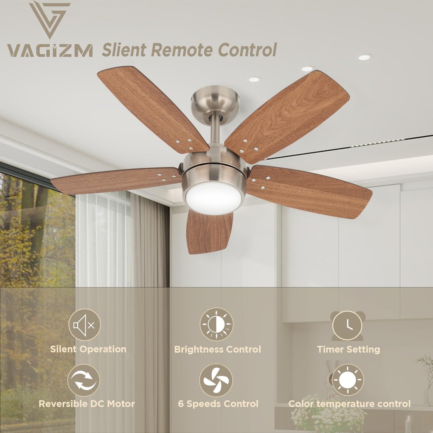 Vagizm Ceiling Fan 36 For Small Room: Modern Ceiling Fans With Light Remote Control - Reversible Quiet Dc Motor Dimmable With