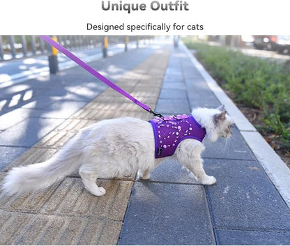 Cat Harness and Leash for Walking Escape Proof Breathable Mesh Fabric, Purple, Medium, Adjustable Cat Walking Jackets with DIY Beads, Padded Stylish Cat Vest