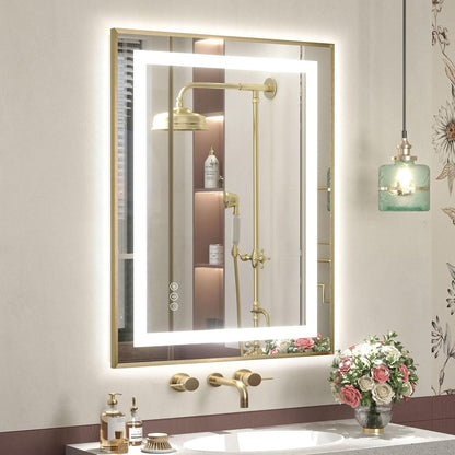 OKPAL 24x36 Gold LED Bathroom Mirror with Lights, Frontlit & Backlit Metal Framed Mirror, Lighted Bathroom Vanity Mirror, Anti-Fog, Dimmable 3 Colors, Shatterproof, Horizontal/Vertical