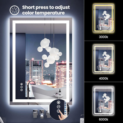 Amorho LED Mirror for Bathroom 24X36 Inch with Backlight and Front Lit, Fogless Mirror for Wall Mounted, Dimmable, 3 Colors, Memory