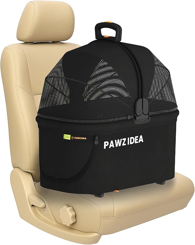 PAWZIDEA Portable Small Dog Crate for Car Travel, Enclosed Pet Car Seat for Small/Medium Dogs & Cats up 33 lb, Reversible No-Zip Canopy, Soft-Sided Pet Carrier Basket, Foldable Dog Kennel, Metal Frame