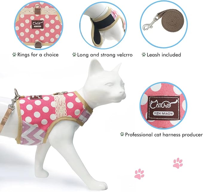 Cat Harness and Leash for Walking Escape Proof, Adjustable Cat Walking Jackets, Padded Stylish Cat Vest Polka Dot Pink, Large