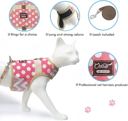 Cat Harness and Leash for Walking Escape Proof, Adjustable Cat Walking Jackets, Padded Stylish Cat Vest Polka Dot Pink, Large