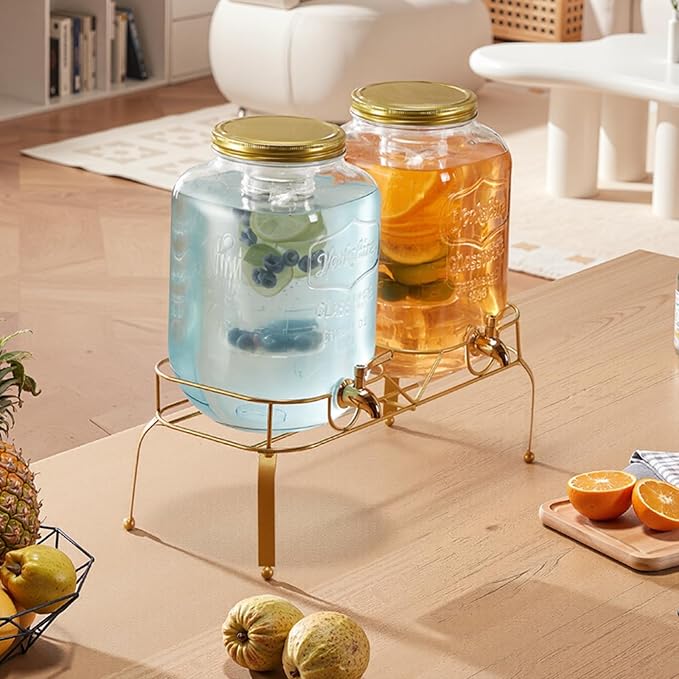 VEVOR Beverage Dispenser, 2 Pack 2 Gallon Drink Dispensers for Parties, Glass Juice Dispenser with Metal Stand, Stainless Steel Spigot, Infuser, Iced Tea Lemonade Juice Water Dispensers for Parties