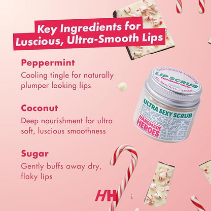 Handmade Heroes Peppermint Lip Scrub - 100% Natural Vegan Conditioning Lip Exfoliator & Sugar Polish for Dry Chapped Lips - Lip Plumper & Hydrating Lip Therapy for Smooth Supple Lips 1 oz