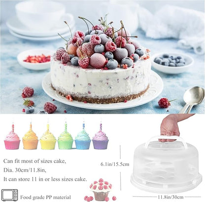 Portable Cake Carrier with Handle, Round Cupcake Holder with Lid, Plastic Storage Container Box fit 10 inch Cake, 3-Locking Muffin and Pies Keeper with Cover (White)