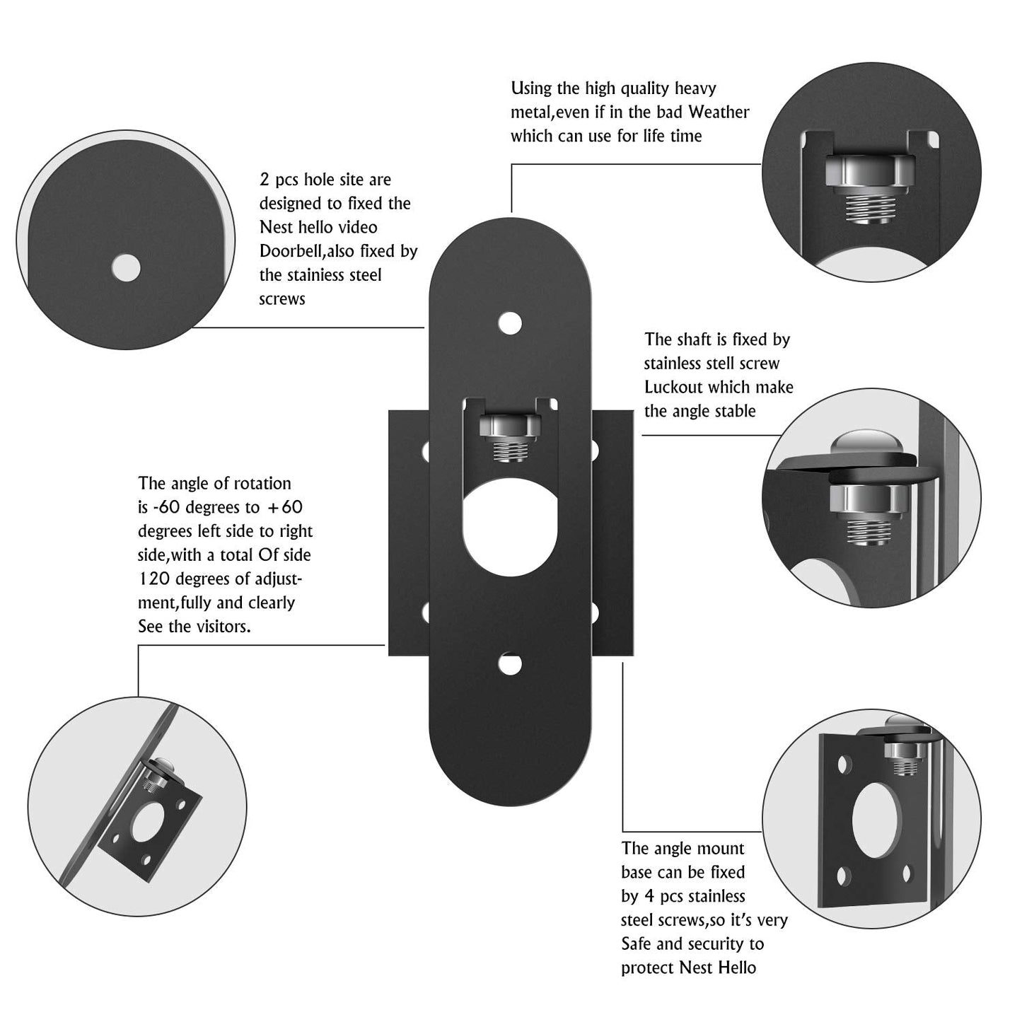 Popmas Horizontal Adjustable Mount For Google Nest Doorbell (Wired) Left 60 To Right 60 Degree Angle Adapter Bracket