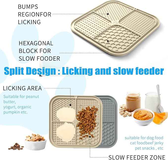 Lick Mat for Dogs, Premium Lick Pad with Suction Cups for Dog Anxiety Relief, Slow Feeder Dog Bowls, Bathing, Grooming and Training (Beige, Grey, 2pack)
