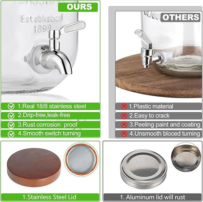 2PCS Large Drink Dispensers for Parties,Glass Beverage Dispenser with Wood Stand,Lemonade Drink Dispenser with Stainless Steel Spigot for Fridge,Water, Juice,Punch,Cocktails,Ice Tea & Sun Tea