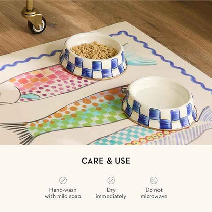 MACKENZIE-CHILDS Pet Bowl, Cute Cat and Dog Bowl for Food and Water, Blue-and-White Royal Check, Small