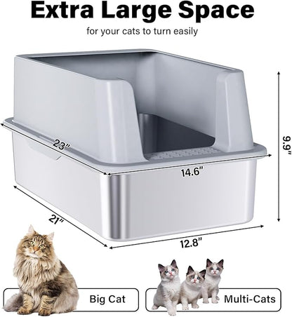 2Pack Stainless Steel Litter Box, XL Extra Large Cat Litter Boxes for Big Cats, Metal Litter Box with Lid High Sides, Leak-Proof, Never Absorbs Odors, Easy Cleaning, Non-Stick, Scoop Included