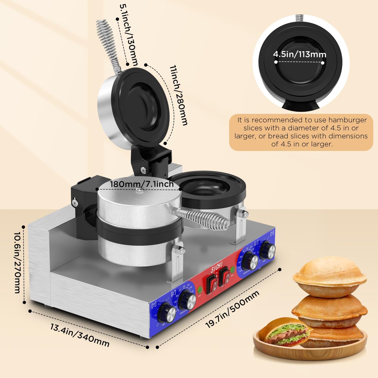 SICHI Ufo Burger Maker - Commercial Stainless Steel Machine, Adjustable Temperature & Timer, Dual Size, Red/Blue Model SZ-HW-4