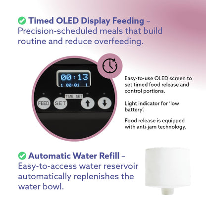 Feeding Friend Automatic Dog & Cat Food Feeder with Water Dispenser – Smart Pet Feeder with Portion Control, OLED Display, Anti Jam Design, Battery Operated Dispenser for Small- (XS) Pets - Black