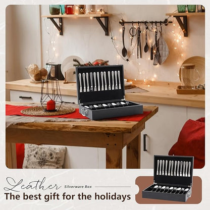 Leather Silverware Storage Box Flatware Storage Case with Felt Lined Leather Flatware Chest Silverware Organizer with Lid for Tableware Utensils Silver(1 Layer)
