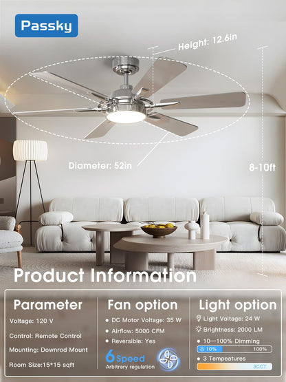 Passky Ceiling Fans With Lights, 52 Inch Nickel Ceiling Fan With Light And Remote Control, Reversible, Dimmable, 3Cct, Quiet, Ce